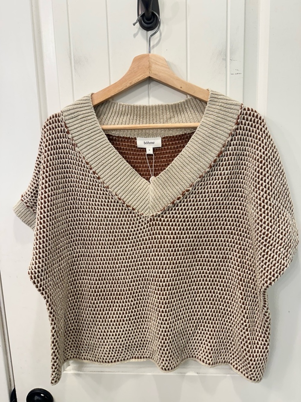 böhme Short Sleeve V-Neck Knit Sweater Top Cream Rust Brown Size M